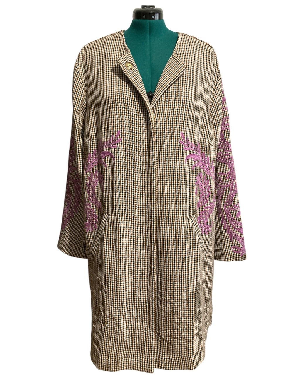 J. Jill Embroidered Houndstooth Plaid Longline Coat